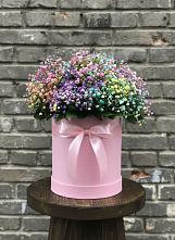 Цветочная композиция из Гипсофила и Розы в шляпной коробке в Новой Пролетарке