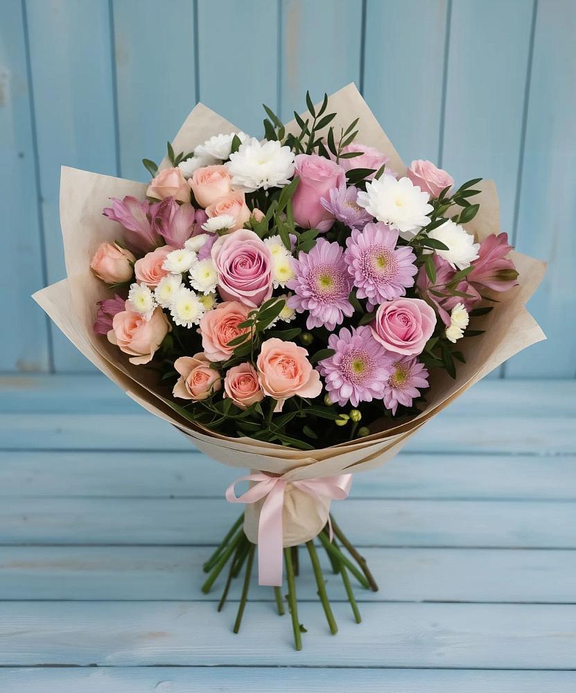 Букет цветов из: Хризантемы, Розы и Альстромерии в Новой Пролетарке