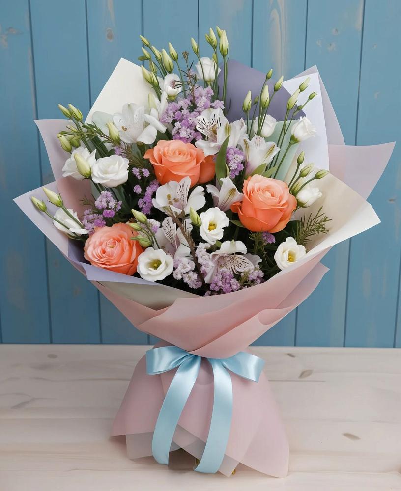 Букет цветов из: Лизиантусы, Розы, Альстромерии и Гипсофила в Новой Пролетарке