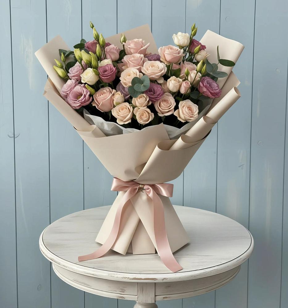 Букет цветов из: Розы и Лизиантусы в Новой Пролетарке